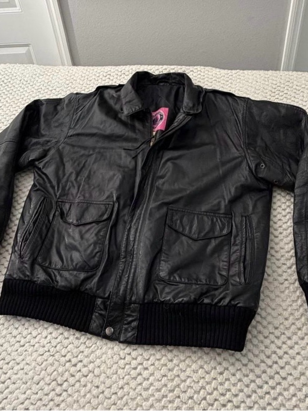 Burk's Bay Men Black Bomber Jacket Zip Front Pockets Point Collar Size L